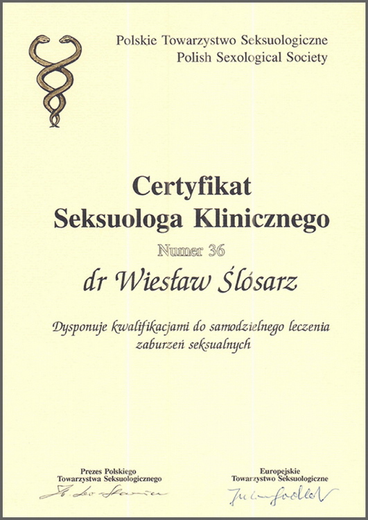 Certyfikat seksuologa klinicznego Polskiego Towarzystwa Seksuologicznego