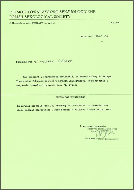 Dokument nadania certyfikatu seksuologa klinicznego przez Polskiego Towarzystwa Seksuologicznego